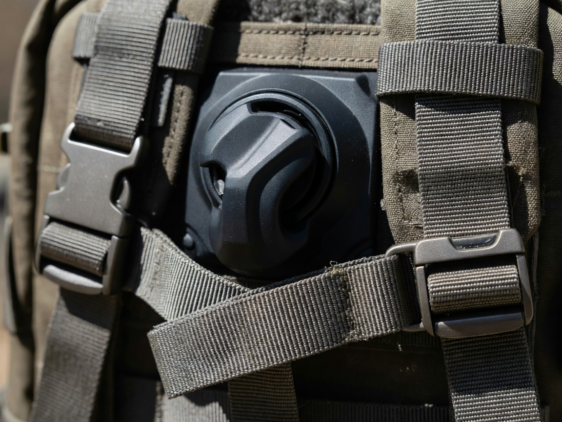 Detailed close up of AirPack tactical valve and compression straps