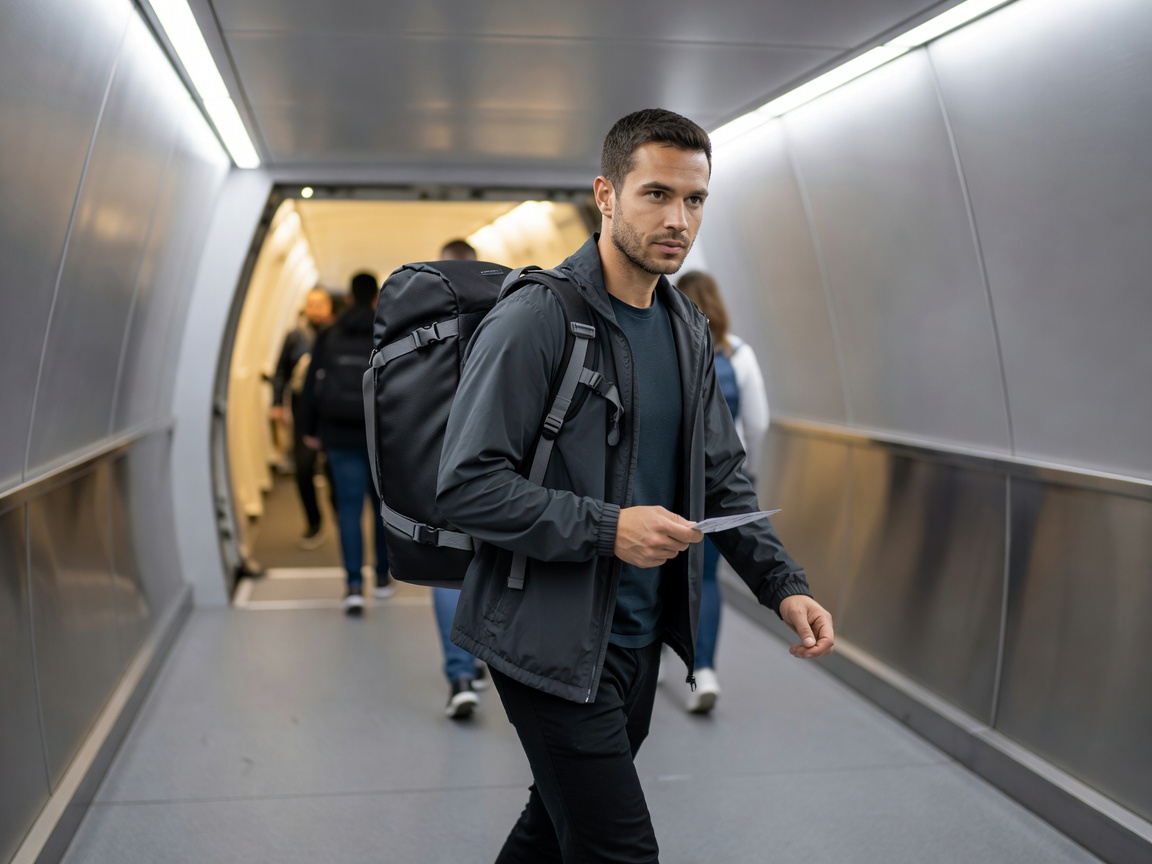 Traveler boarding a modern flight with compact AirPack backpack
